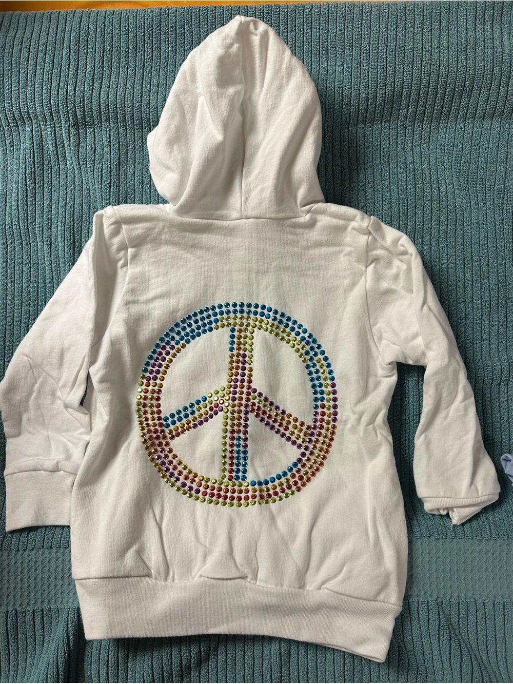 American Apparel White Kids zipper Hoodie with Multicolor Rhinestone Peace Sign